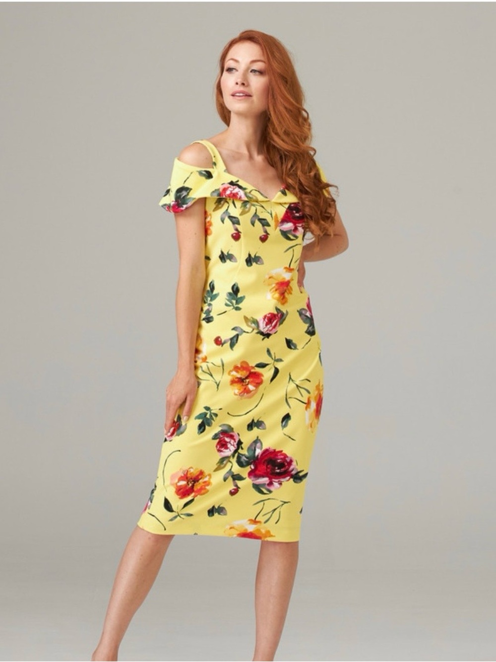 Joseph Ribkoff Yellow Floral Cold Shoulder Dress